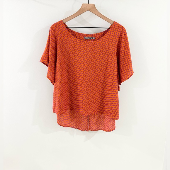 Prana ‘Emmi’ Women’s High- Low Printed Short Sleeve Blouse Orange Size Medium - Picture 3 of 7